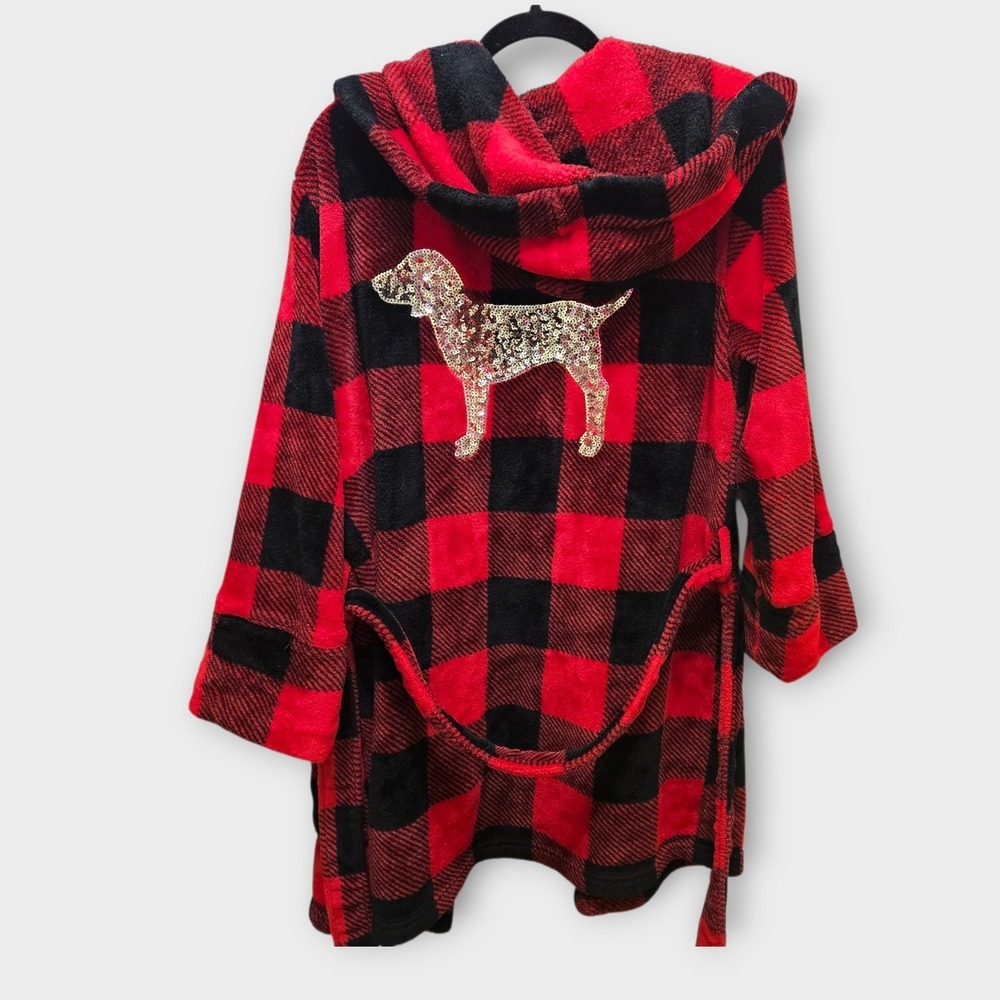 PINK Victoria's Secret Red Black Buffalo Plaid Fleece Bling Dog Sequin Robe XS S